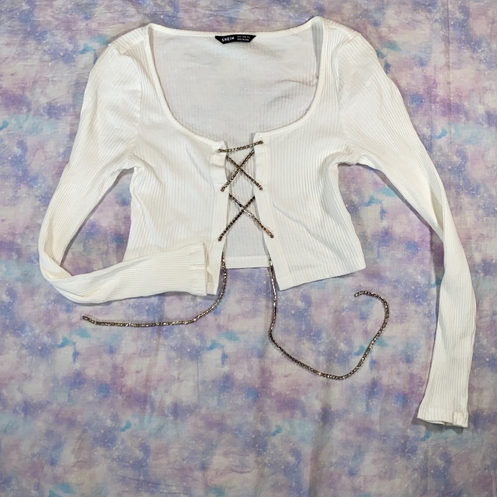 Shein • Ribbed Rhinestone Laced Cropped Sweater - Picture 4 of 10